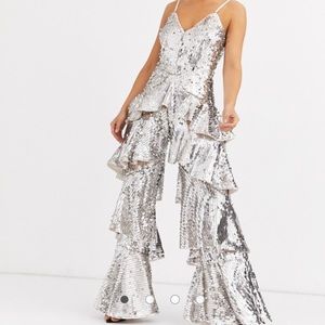 Silver sequin jumpsuits tiered ruffle legs